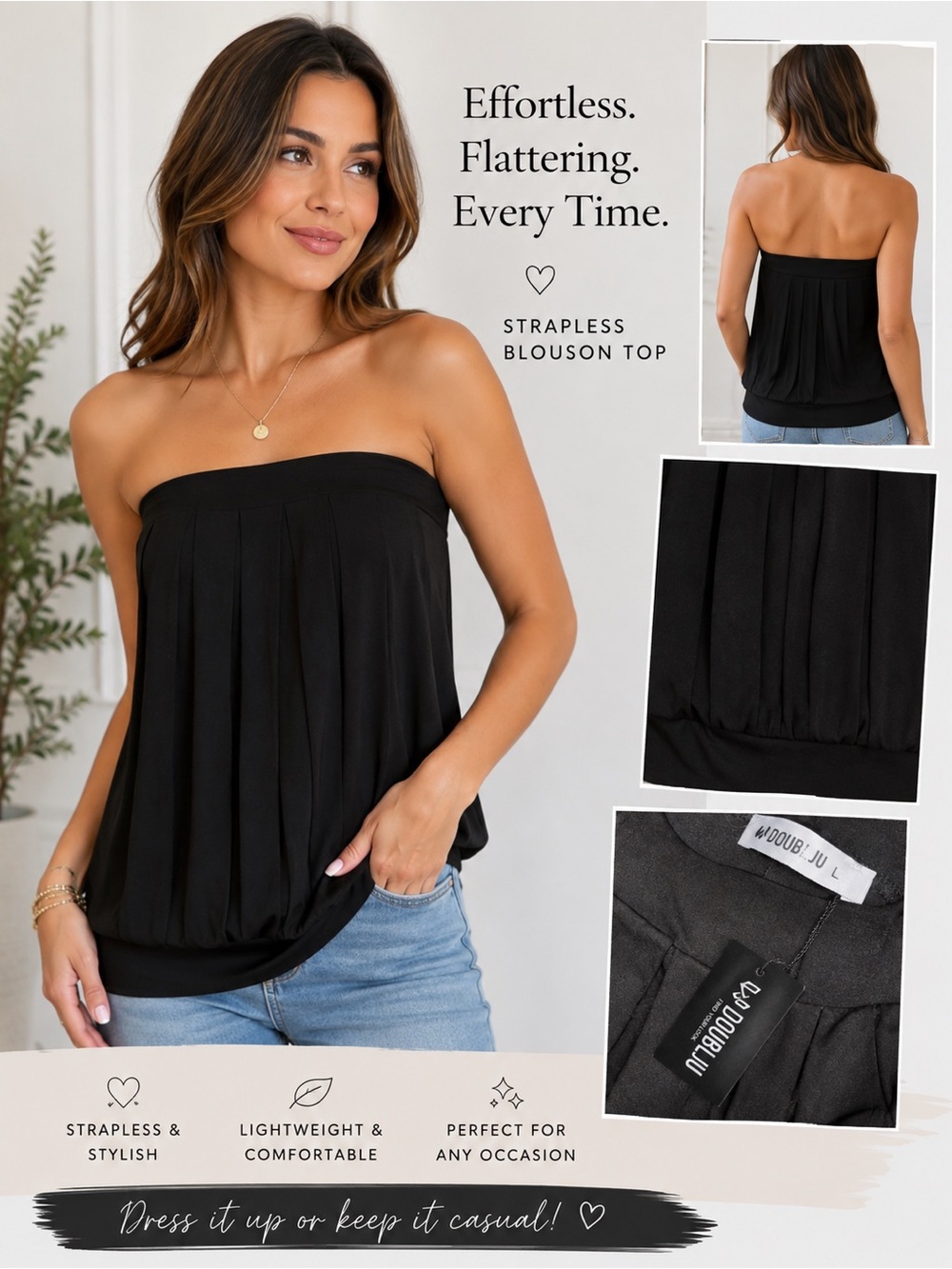DOUBLJU Black Strapless Top L